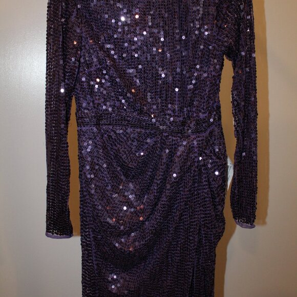 NEW MAC DUGGAL SEQUINED HIGH NECK LONG SLEEVED DRAPE GOWN PURPLE SZ 8 10824 - Picture 5 of 10